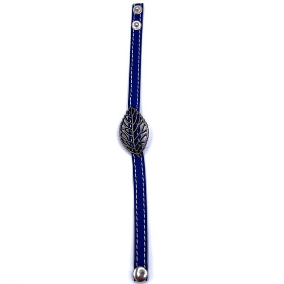 Blue Faux Leather and Silver Boho Leaf Adjustable Snap Closure Bracelet - Picture 3 of 7